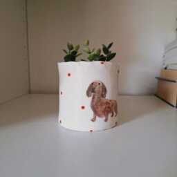 Handmade Dachshund Pottery Planter, Hand Painted Sausage Dog Flower Pot, Mama Home Decor - thumbnail 2