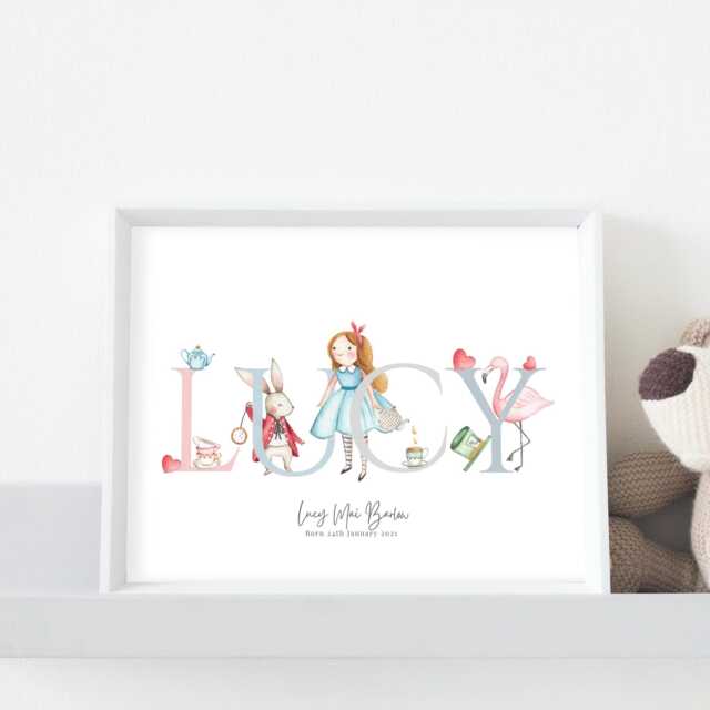 Alice in Wonderland Nursery Print, Child's Personalised Nursey Name Girls Bedroom Any Name, New Baby Gift, Keepsake - image 1