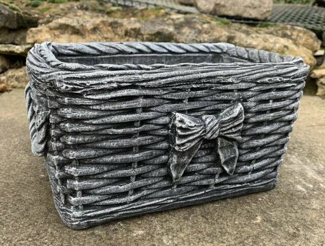 stone Garden Black/White Wicker Basket Planter Plant Pot Ornament - image 1
