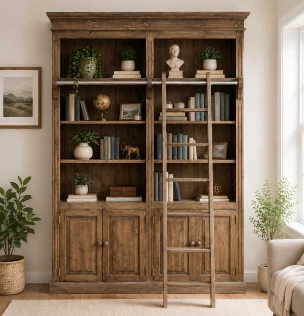 Solid Pine 8Ft Traditional Bookcase, Heavy Duty Library Shelving Unit With Ladder - image 1