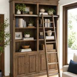 Solid Pine 8Ft Traditional Bookcase, Heavy Duty Library Shelving Unit With Ladder - thumbnail 2