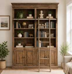 Solid Pine 8Ft Traditional Bookcase, Heavy Duty Library Shelving Unit With Ladder - thumbnail 1
