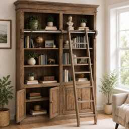 Solid Pine 8Ft Traditional Bookcase, Heavy Duty Library Shelving Unit With Ladder - thumbnail 3