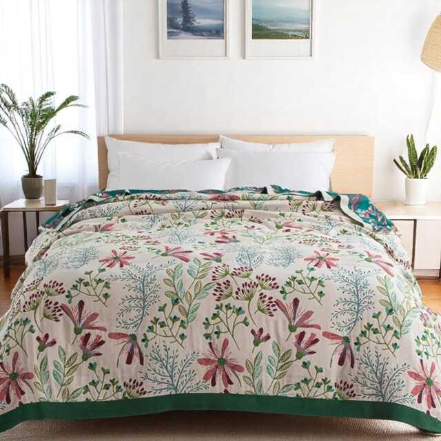 Reversible Floral Muslin Cotton Blanket Lightweight Botanical Bedspread - image 1