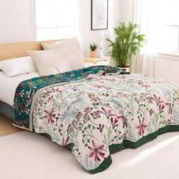 Reversible Floral Muslin Cotton Blanket Lightweight Botanical Bedspread - thumbnail 2