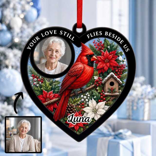 Personalized Photo Cardinal Heart Ornament, Christmas Tree Car Hanging Decor, Flat 2D Ornament Acrylic Wooden Holiday Keepsake Gift 2026 - image 1
