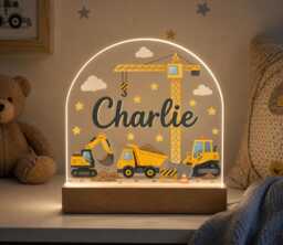 Personalised Night Light, Construction Diggers, New Baby, 1st Birthday, Christening Gift, Nursery Light