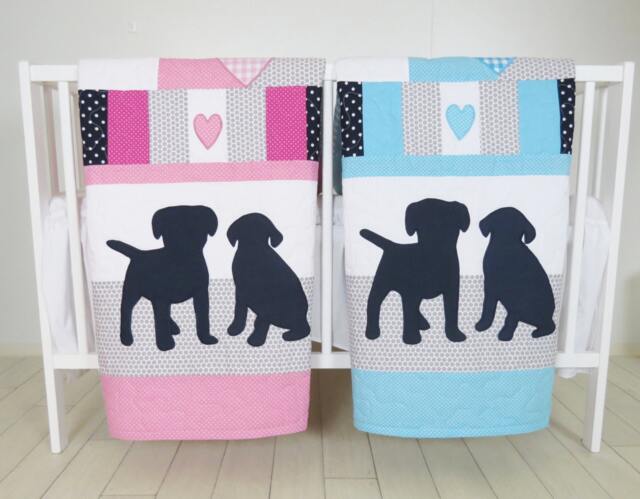Puppy Baby Quilt, Dog Twin Crib Bedding, Labrador Kids Blanket, Aqua Dark Blue Gray & Pink , Patchwork Organic Infant Bedding - image 1