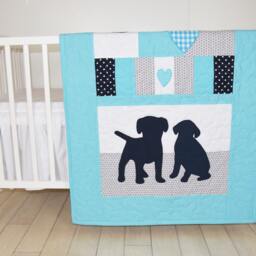 Puppy Baby Quilt, Dog Twin Crib Bedding, Labrador Kids Blanket, Aqua Dark Blue Gray & Pink , Patchwork Organic Infant Bedding - thumbnail 3