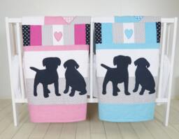 Puppy Baby Quilt, Dog Twin Crib Bedding, Labrador Kids Blanket, Aqua Dark Blue Gray & Pink , Patchwork Organic Infant Bedding - thumbnail 1