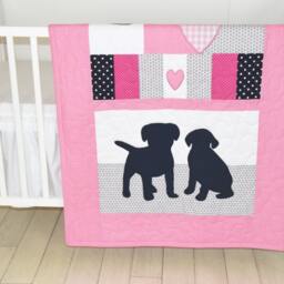 Puppy Baby Quilt, Dog Twin Crib Bedding, Labrador Kids Blanket, Aqua Dark Blue Gray & Pink , Patchwork Organic Infant Bedding - thumbnail 2