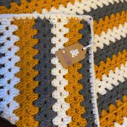 Crochet Granny Square Baby Blanket Mustard, Gray & Ivory - thumbnail 4