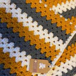 Crochet Granny Square Baby Blanket Mustard, Gray & Ivory - thumbnail 3