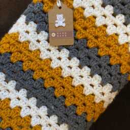 Crochet Granny Square Baby Blanket Mustard, Gray & Ivory - thumbnail 2