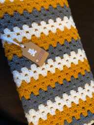 Crochet Granny Square Baby Blanket Mustard, Charcoal Grey & Ivory