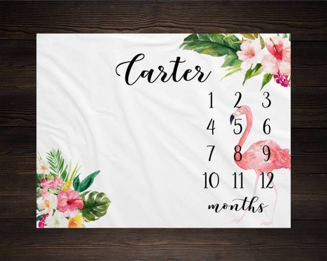 Flamingo Baby Blanket Tropical Milestone Monthly Growth Tracker Soft Fleece Minky Shower Newborn Gift Floral - image 1