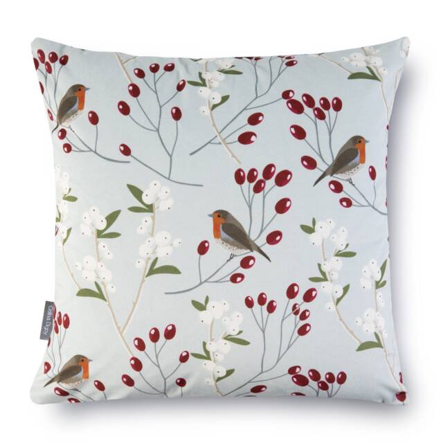 Celina Digby?? Designer Luxury Soft Touch Velvet Cushion Pillow Christmas Festive Design - Robin Berries Grey Available in 2 Sizes & Fillings - image 1