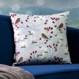 Celina Digby?? Designer Luxury Soft Touch Velvet Cushion Pillow Christmas Festive Design - Robin Berries Grey Available in 2 Sizes & Fillings - thumbnail 2