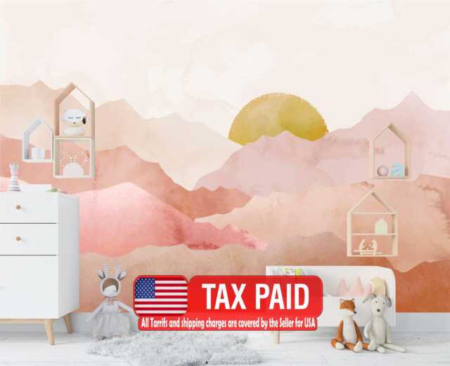 Watercolor Sunset Mountain Wallpaper, Pastel Nursery Wall Mural, Self-Adhesive - image 1