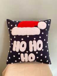 Punch Needle Christmas Pillow Cover Navy Blue Santa Hat Cushion - thumbnail 1
