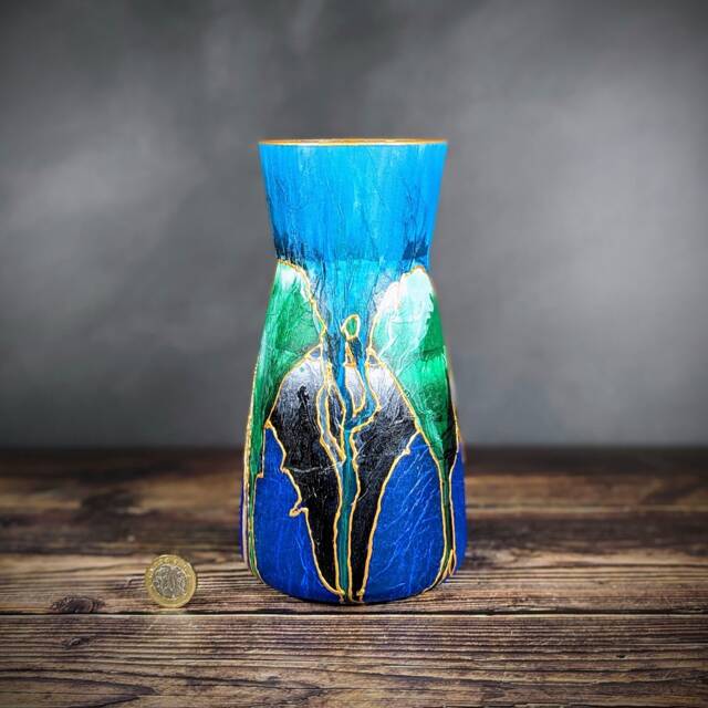 Hand Painted Glass Vase - Blue Green Abstract Design Gold Detail Unique Handmade Gift Colourful Home Decor Medium 20cm/8 - image 1
