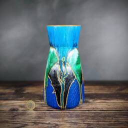 Hand Painted Glass Vase - Blue Green Abstract Design Gold Detail Unique Handmade Gift Colourful Home Decor Medium 20cm/8 - thumbnail 1