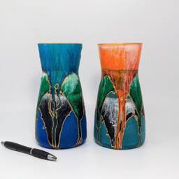 Hand Painted Glass Vase - Blue Green Abstract Design Gold Detail Unique Handmade Gift Colourful Home Decor Medium 20cm/8 - thumbnail 3