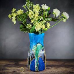 Hand Painted Glass Vase - Blue Green Abstract Design Gold Detail Unique Handmade Gift Colourful Home Decor Medium 20cm/8 - thumbnail 2
