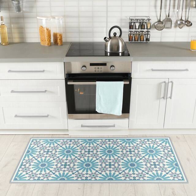 Light Blue & Grey Vinyl Floor Mat With Moroccan Tiles Design. Highly Durable Kitchen Rug, Doormat, Area Rug More. Art Mat - image 1
