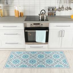 Light Blue & Grey Vinyl Floor Mat With Moroccan Tiles Design. Highly Durable Kitchen Rug, Doormat, Area Rug More. Art Mat
