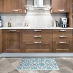 Light Blue & Grey Vinyl Floor Mat With Moroccan Tiles Design. Highly Durable Kitchen Rug, Doormat, Area Rug More. Art Mat - thumbnail 2