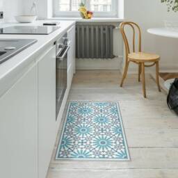 Light Blue & Grey Vinyl Floor Mat With Moroccan Tiles Design. Highly Durable Kitchen Rug, Doormat, Area Rug More. Art Mat - thumbnail 3