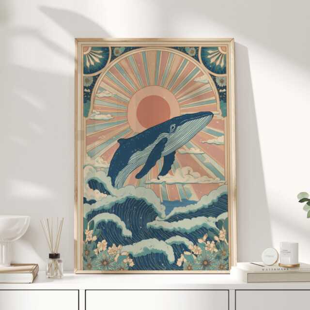 Mystical Whale Wall Art Print - Bohemian Ocean Poster With Rising Sun, Waves & Celestial Sky Coastal Folk Style Home Decor - image 1