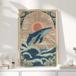 Mystical Whale Wall Art Print - Bohemian Ocean Poster With Rising Sun, Waves & Celestial Sky Coastal Folk Style Home Decor - thumbnail 1