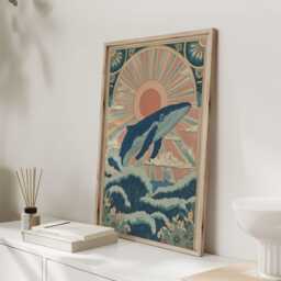 Mystical Whale Wall Art Print - Bohemian Ocean Poster With Rising Sun, Waves & Celestial Sky Coastal Folk Style Home Decor - thumbnail 3