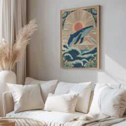 Mystical Whale Wall Art Print - Bohemian Ocean Poster With Rising Sun, Waves & Celestial Sky Coastal Folk Style Home Decor - thumbnail 2