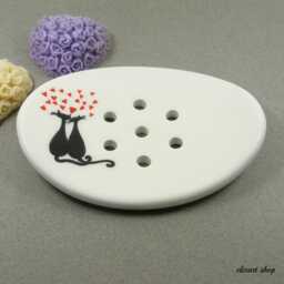 Cat Soap Dish, Ceramic Holder, Draining Saver, Cat Lover Gift, Bathroom Accessories, Clay Dish - thumbnail 1