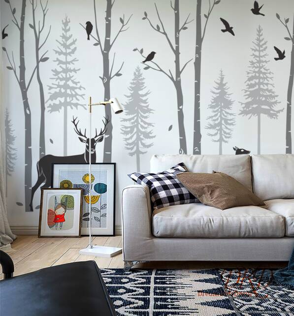 Birch Trees Pine With Deer Wall Decal, Fir Tree Forest Decals, Large Decals Woodland Nursery Decor-Dk405 - image 1