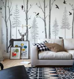 Birch Trees Pine With Deer Wall Decal, Fir Tree Forest Decals, Large Decals Woodland Nursery Decor-Dk405 - thumbnail 1