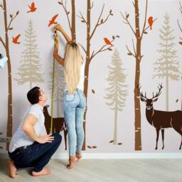 Birch Trees Pine With Deer Wall Decal, Fir Tree Forest Decals, Large Decals Woodland Nursery Decor-Dk405 - thumbnail 3