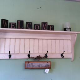 Wood Coat Rack Country Primitive Antiqued Distressed Wall Shelf White 36 - thumbnail 2