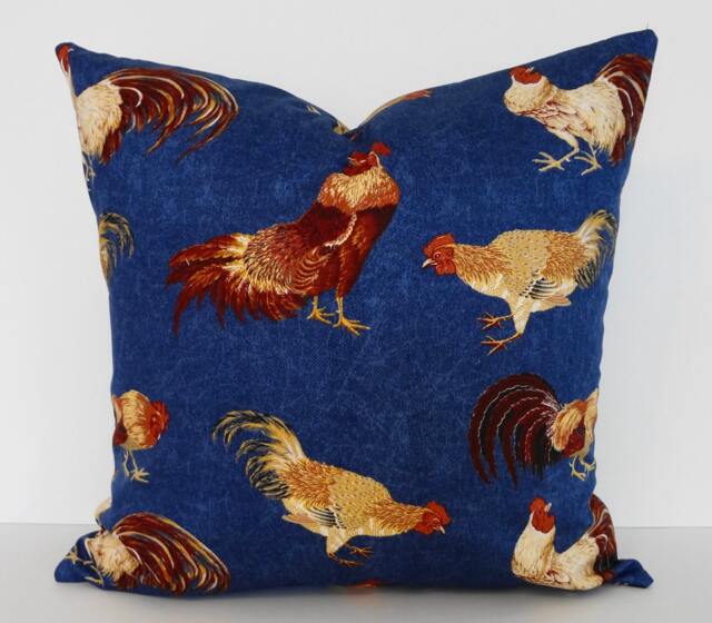 Rooster & Hen Pillow Cover Blue Brown Cotton Throw Cushion, 16 X - image 1