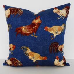 Rooster & Hen Pillow Cover Blue Brown Cotton Throw Cushion, 16 X - thumbnail 2