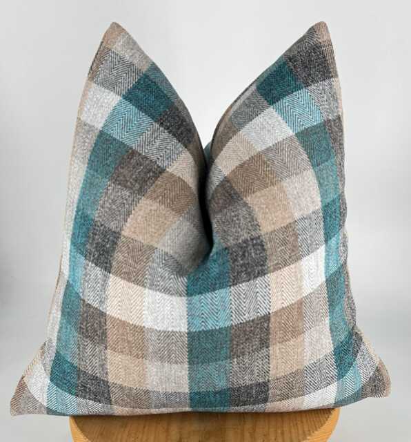 Brown Teal Beige Plaid Throw Pillow Cover, Rustic Farmhouse Cushion, Wool Checkered Pillow, 20x20 - image 1