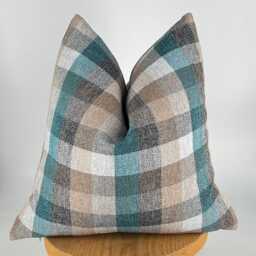 Brown Teal Beige Plaid Throw Pillow Cover, Rustic Farmhouse Cushion, Wool Checkered Pillow, 20x20 - thumbnail 4