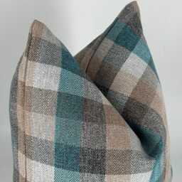 Brown Teal Beige Plaid Throw Pillow Cover, Rustic Farmhouse Cushion, Wool Checkered Pillow, 20x20 - thumbnail 2