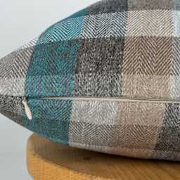 Brown Teal Beige Plaid Throw Pillow Cover, Rustic Farmhouse Cushion, Wool Checkered Pillow, 20x20 - thumbnail 3