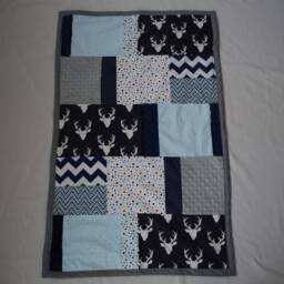 Antler Patchwork Baby Boy Blanket - Blue, Gray & White Bedding, Deer Blanket, Nursery Bedding Decor - thumbnail 3