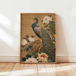 Oriental Peacock Wall Art Print, Traditional Asian Bird Poster Design, Floral Botanical Unframed Decor, Antique Nature Painting Style - thumbnail 1