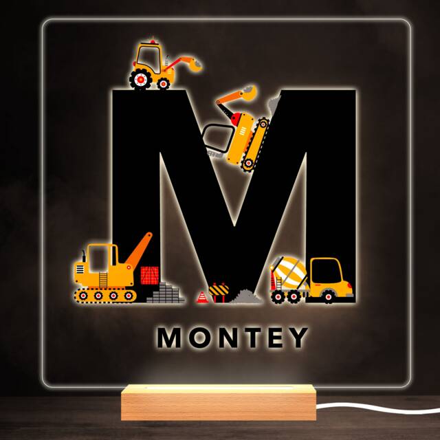 Construction Vehicles Alphabet Letter M Square Personalised Gift Night Light - Bedroom Lamp - image 1